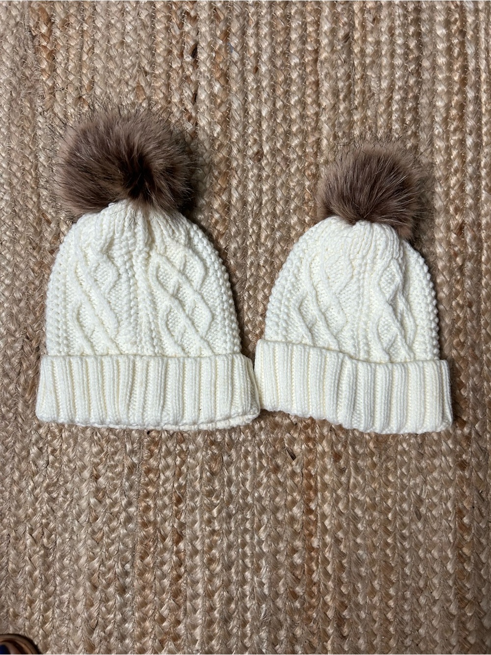 Rae Dunn Cream Cable Knit Mama & Mini Beanie Set with Brown Faux Fur Poms - Picture 2 of 5